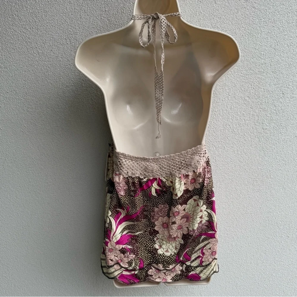 Free People Kitschy Floral Print & Crochet Halter Large